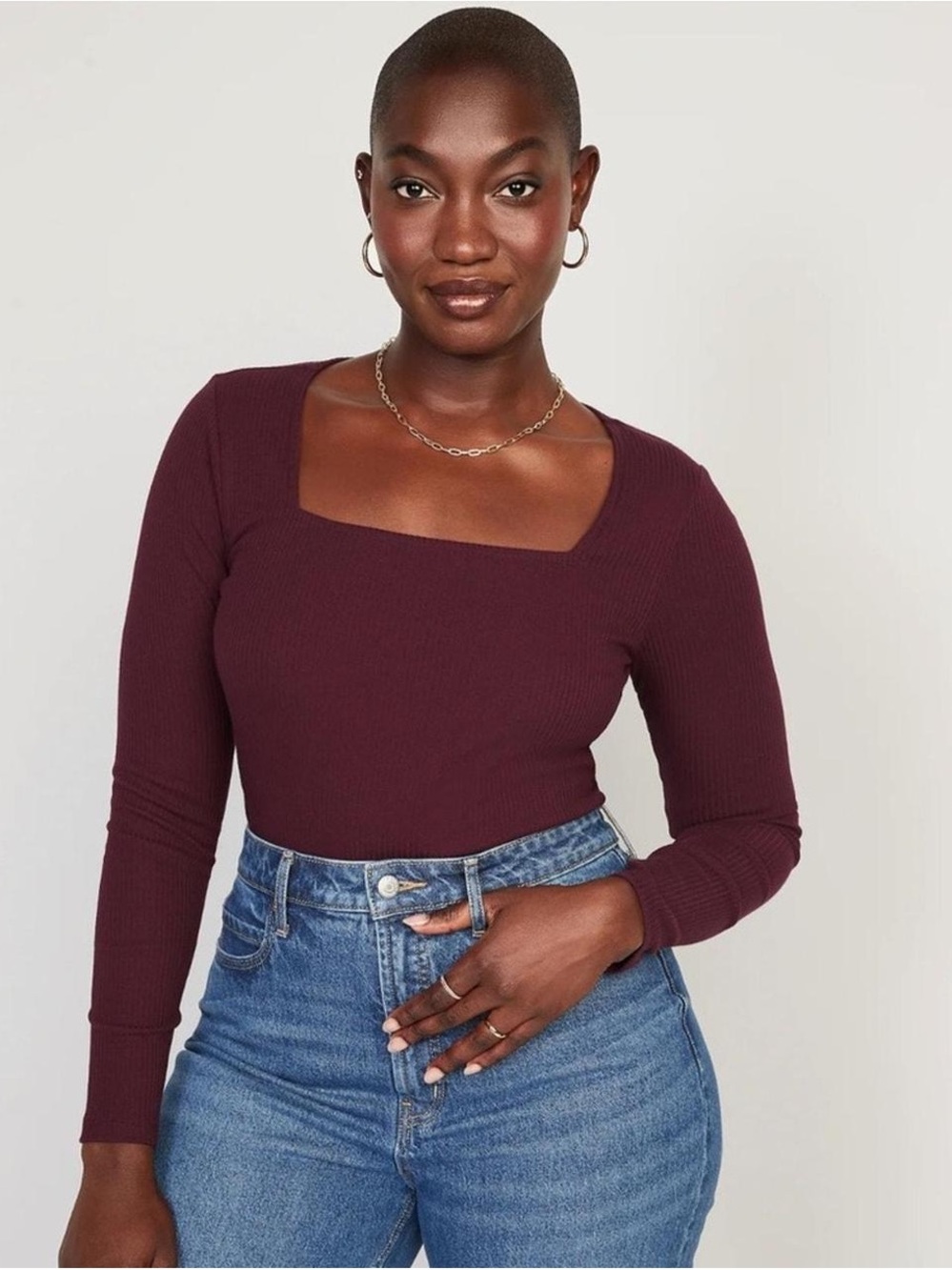 Old Navy Square Neck Long Sleeve Burgundy Bodysuit M - Picture 2 of 4